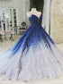 Ball Gown Ombre V Neck Appliques Tulle Blue Prom Dress LBQ2606